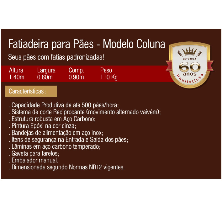 Fatiadeira para Pães - Modelo Coluna - Paulistinha